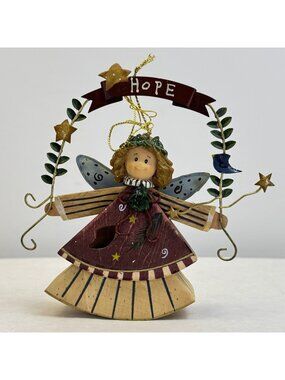 Hand-Painted Wooden Angel Ornament With "Hope" Banner Metal Wings Leaf Accents